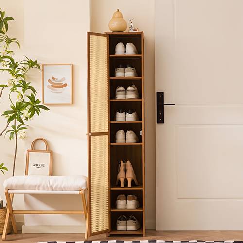 a vintage style bamboo shoe cabinet with doors featuring multiple breathable mesh doors for storage a multifunctional freestanding entryway shoe cabinet and a narrow vertical shoe rack suitable for corners ideal for living rooms