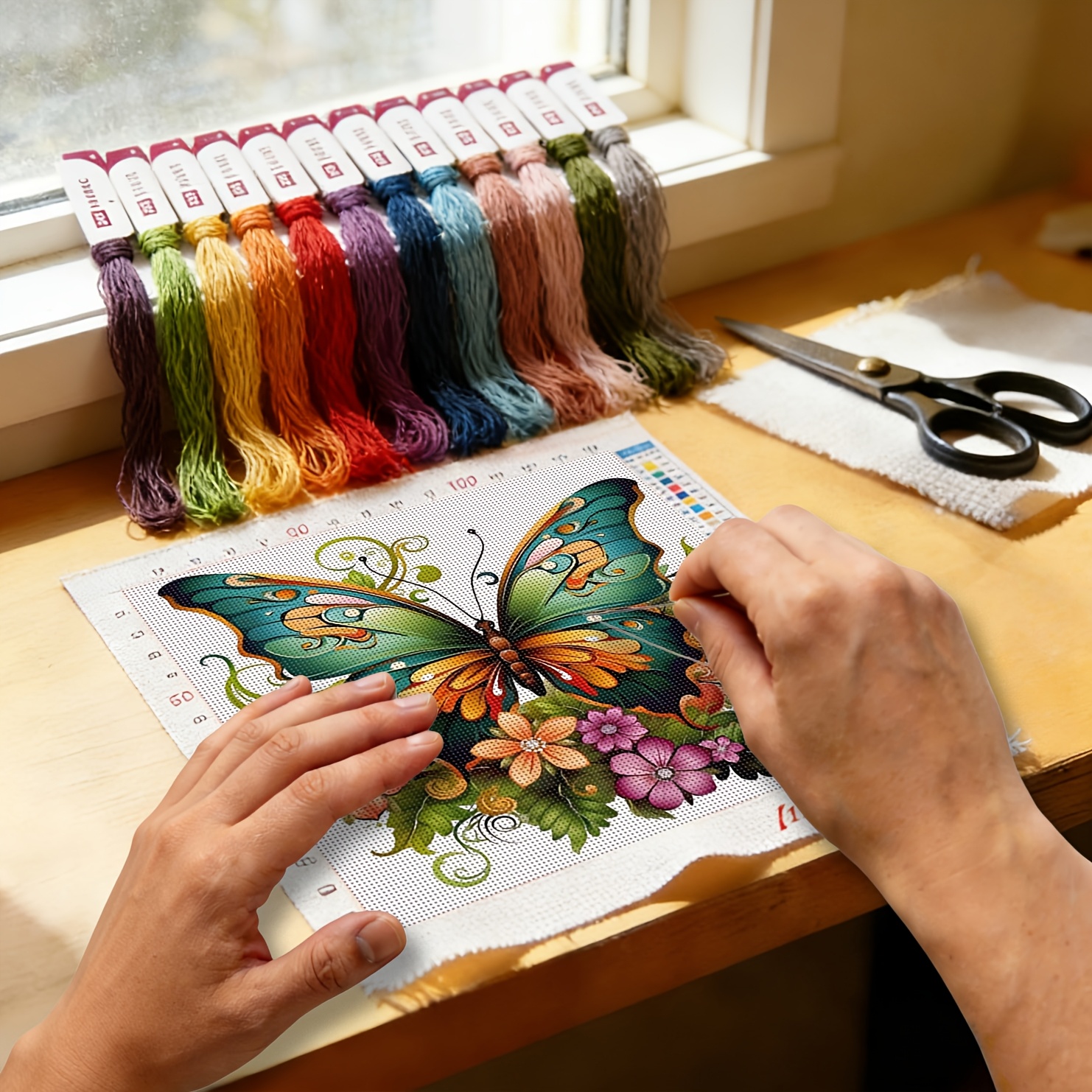 Butterfly Theme Printed Cross Stitch Kit, 35.99x35.99 cm