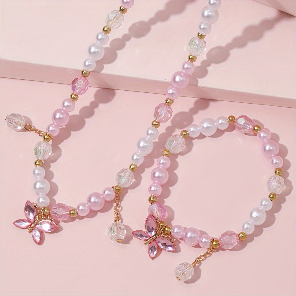 TEMU Ensemble de 2 pièces : Bracelet élastique avec perles papillon mignonnes et collier réglable, pour festival/anniversaire - pour fille,