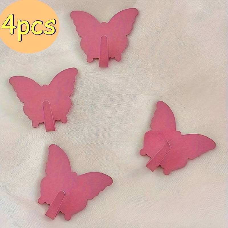 E-shop 4 Stück Rosa Schmetterling Wandhaken - Metall Minimalistischer Stil, Einfache Montage für Kinderzimmer, Schlafzimmer, Wohnzimmer, Büro -