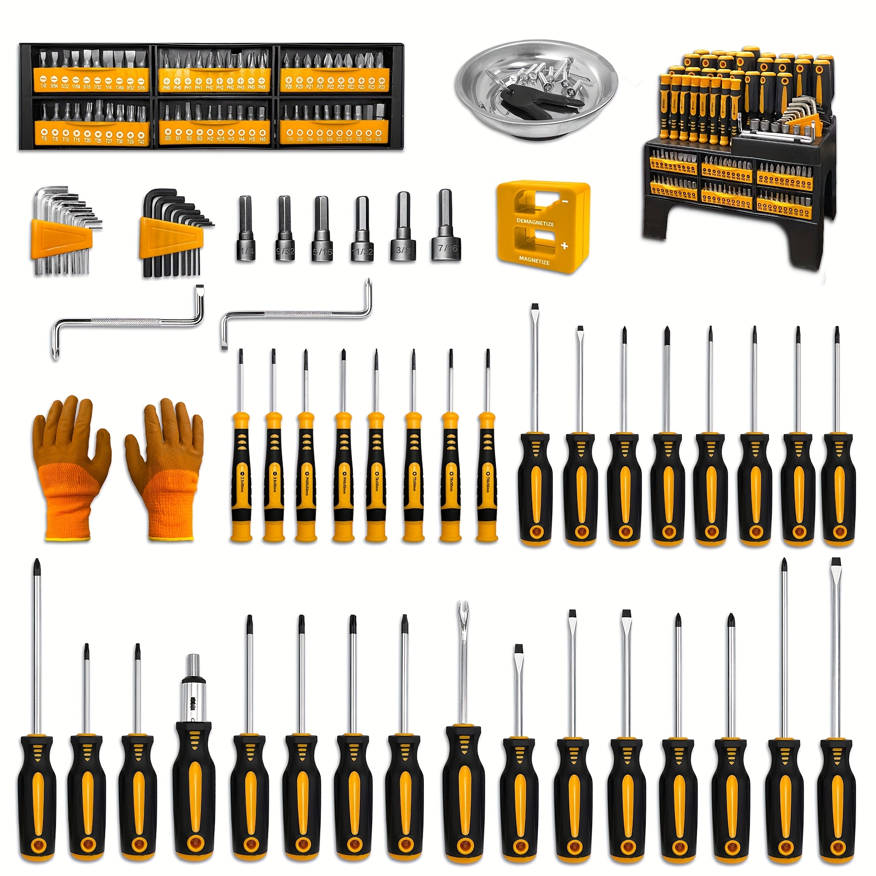 53/121/130 Pcs Magnetic Screwdriver Set, Chrome Vanadium Steel, Multi-Size, Hex Wrench, Flat & Hex Head, Non-Slip Handles, with Storage Rack & Magnetic Bowl,gloves,nail Puller,Screw, DIY Tools for Men Tools Gift