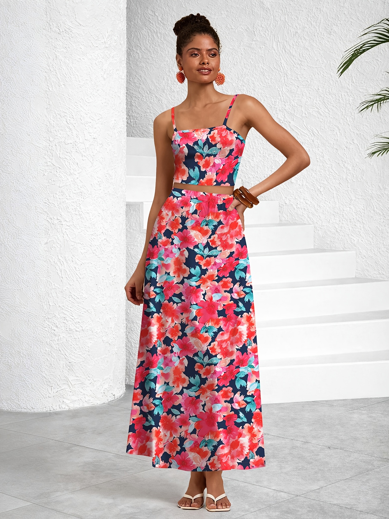 Bohemian Style Skirt Set with Thin Strap Crop Top and Floral Maxi Skirt