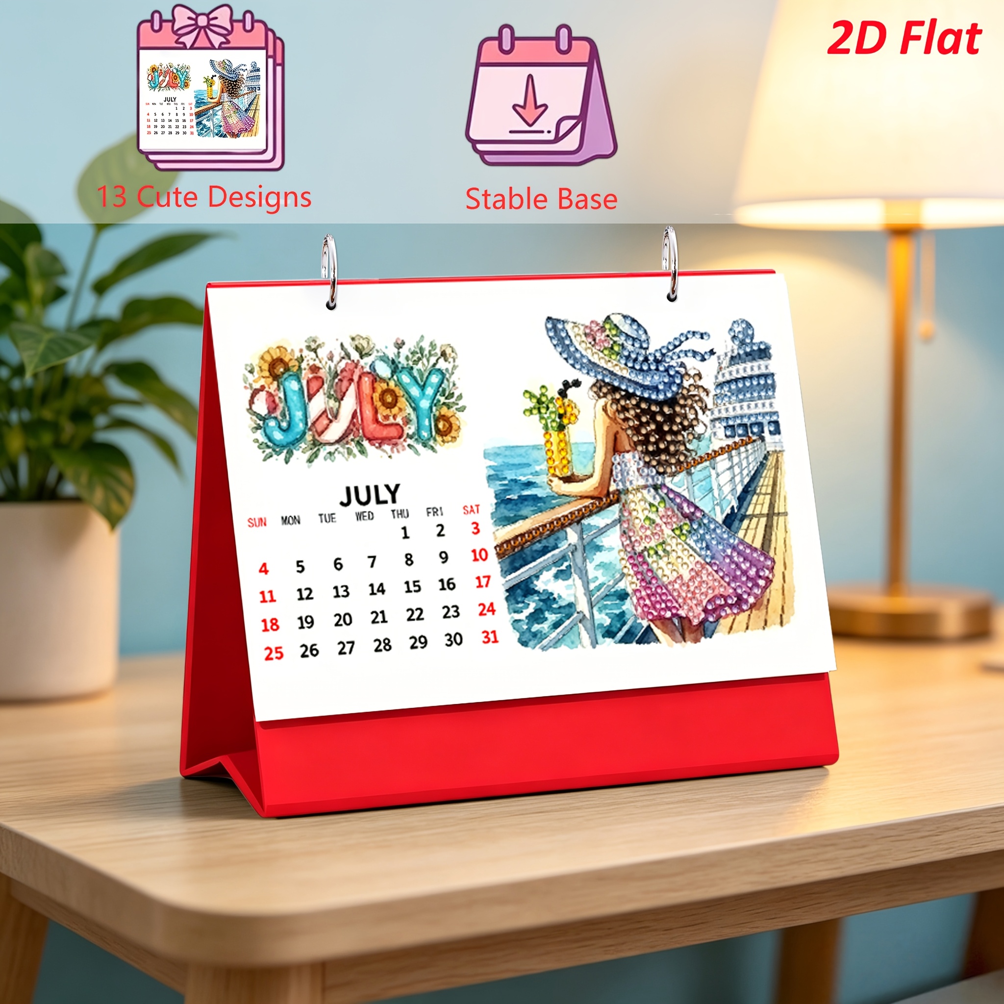 TEMU 1pc 2027 Calendrier de Peinture Diamant 5D des Fêtes Tout l'Année 12 Feuilles Calendrier de Bureau à Thème Mensuel Reliure Base Noir/Blanc/Rouge