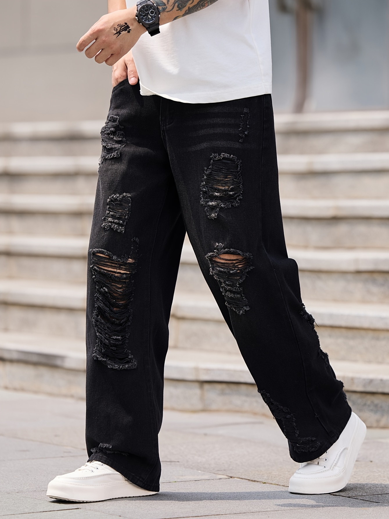 Black Ripped Mens Distressed Ripped Jeans Skinny Stacked