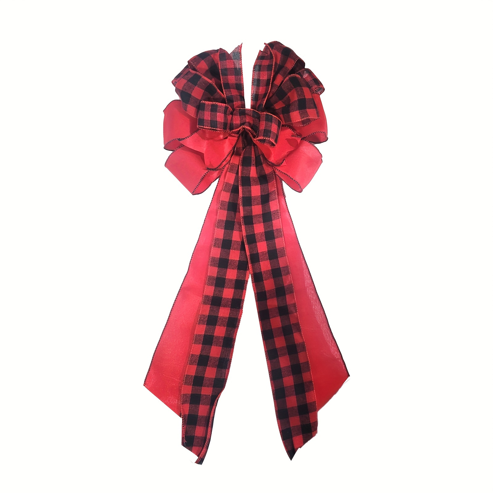 TEMU 1pc Red Black Buffalo Plaid Christmas Bow, Polyester, Festive Wreath Accent, Front Door Wall Fence Decor, Tree Topper For Winter Holiday Party Supplies