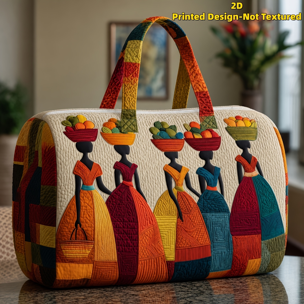 TEMU Printed Design - Not Textured - 2d Flat Print - Top Basket Fruit African Woman Silhouette Large Capacity Travel Bag, Exotic Folk Style Figure