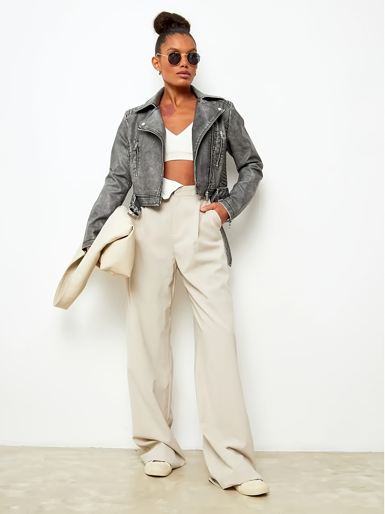 women's retro motorcycle pu leather jacket stylish loose fit