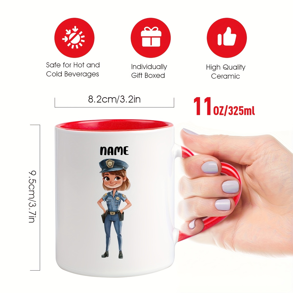 1pc 11oz personalized name custom police officer   ceramic coffee mug featuring smiling female officer uniform badge and hat design ideal for daily use or gifting desk decoration law   appreciation themed parties 1