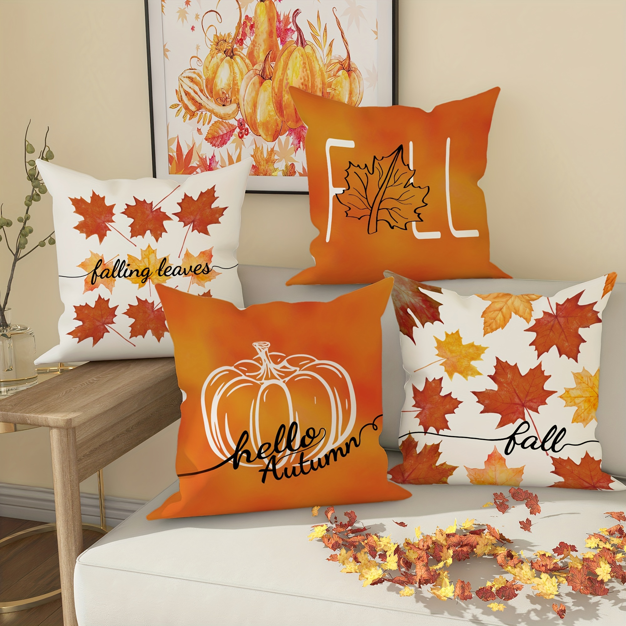 

Set Of 4 Contemporary Autumn Throw Pillow Covers, 18x18 Inch, Machine Washable, Polyester, Zippered, Fall Pumpkin Maple Leaf Design For Living Room Sofa Decoration