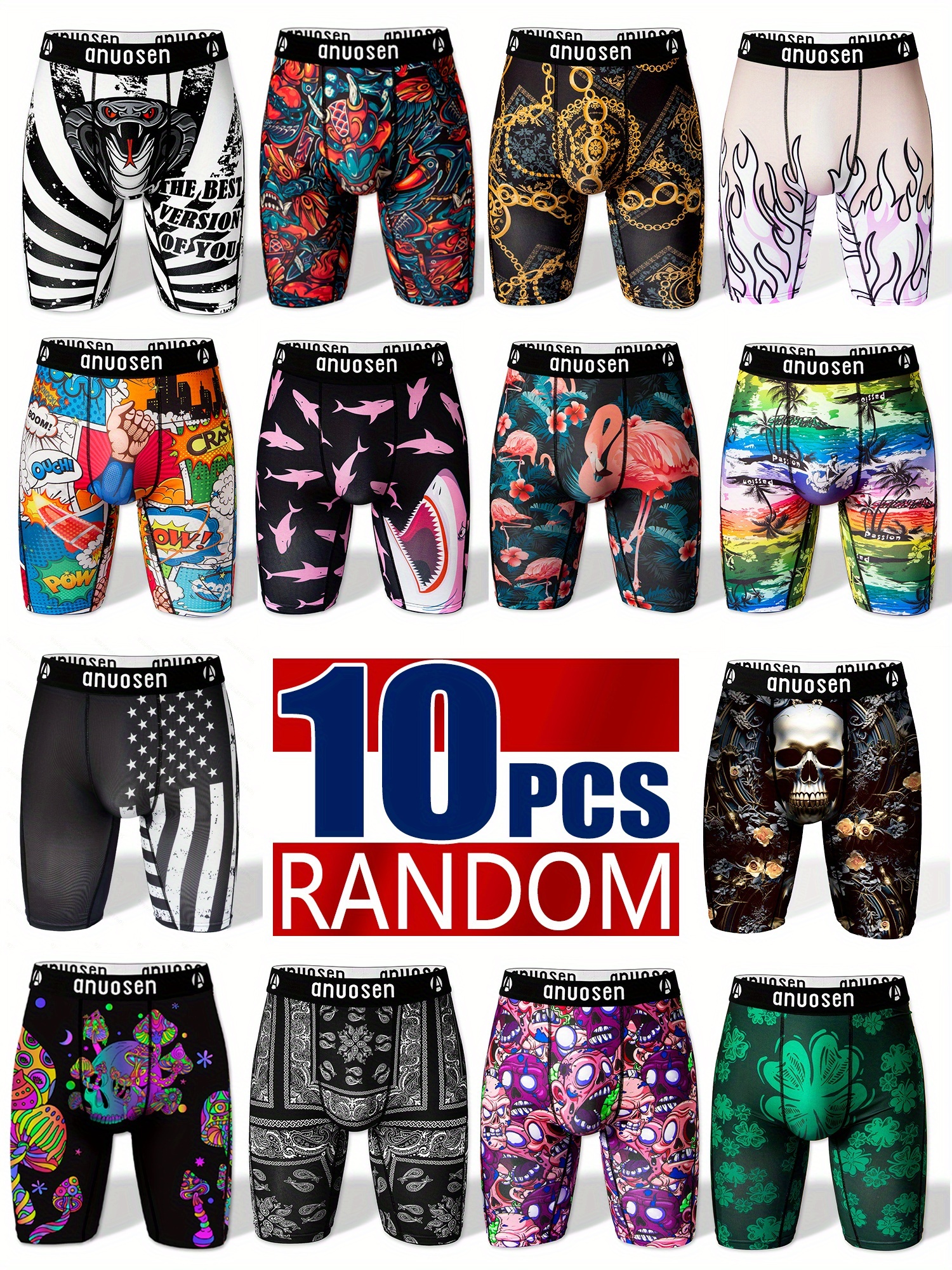 Random Pack of 10 Men'S Long Sports Underwear, Valentine'S Day Gift for Boyfriend, Positioning Print, Plant, Letter, Cartoon, Moisture-Wicking, Striped, Skull, Plaid, Animal, Extended, Anti-Chafing Legs, Breathable Elastic Comfortable Casual Boxer Shorts, Sports Shorts, Plus Size Print Panties, Long Men'S Boxer Briefs, Trendy Fashionable Men'S Shorts