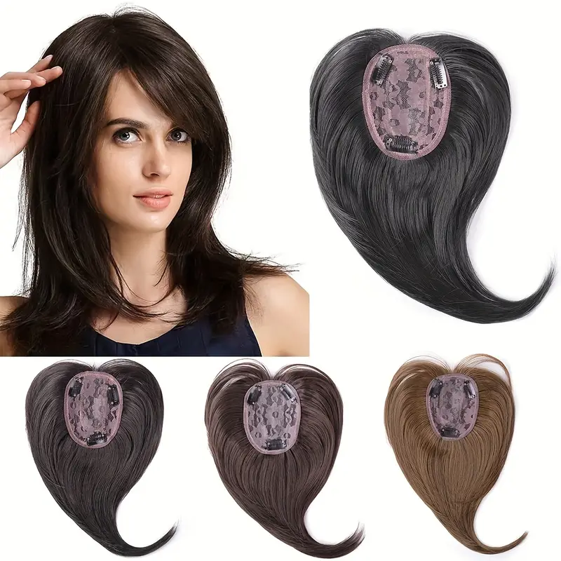 12 inch hair toppers for women with thinning hair synthetic hair topper with wispy bangs 3d cover upgrade middle part clip in bangs for women daily gift black dark brown heat resistant high temperature fiber details 0