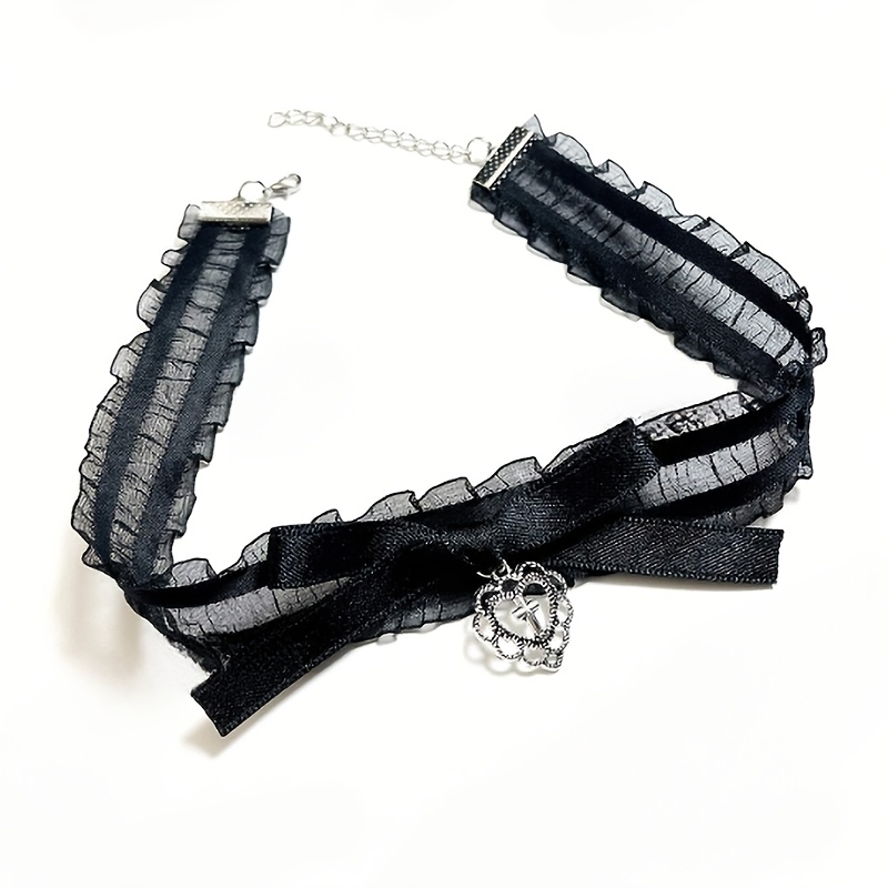 Image of 1pc Women's Black Heart Cross Pendant Lace Fashion Choker Necklace, Collarbone Chain