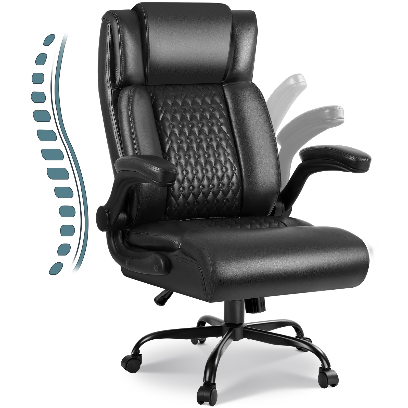 Ergonomic Big And Tall Office Chair, Pu Leather Office Computer Desk Chair, Black Heavy Duty Office Chair With Flip-up Armrest, Comfortable High Chair 400 Lbs With Lumbar Support