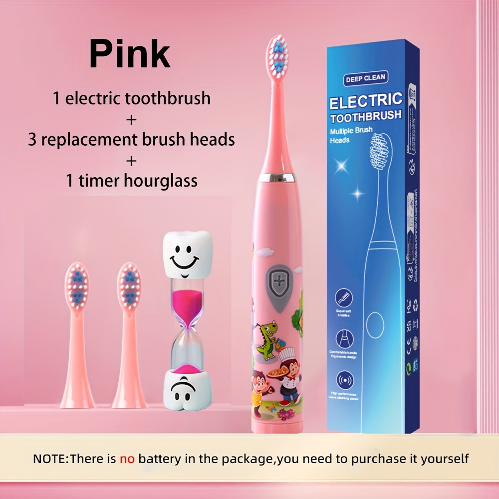 Battery-Powered Electric Toothbrush with 3 Replacement Heads & 1 Timer Sand Timer, Model N02, 3 Replacement Heads
