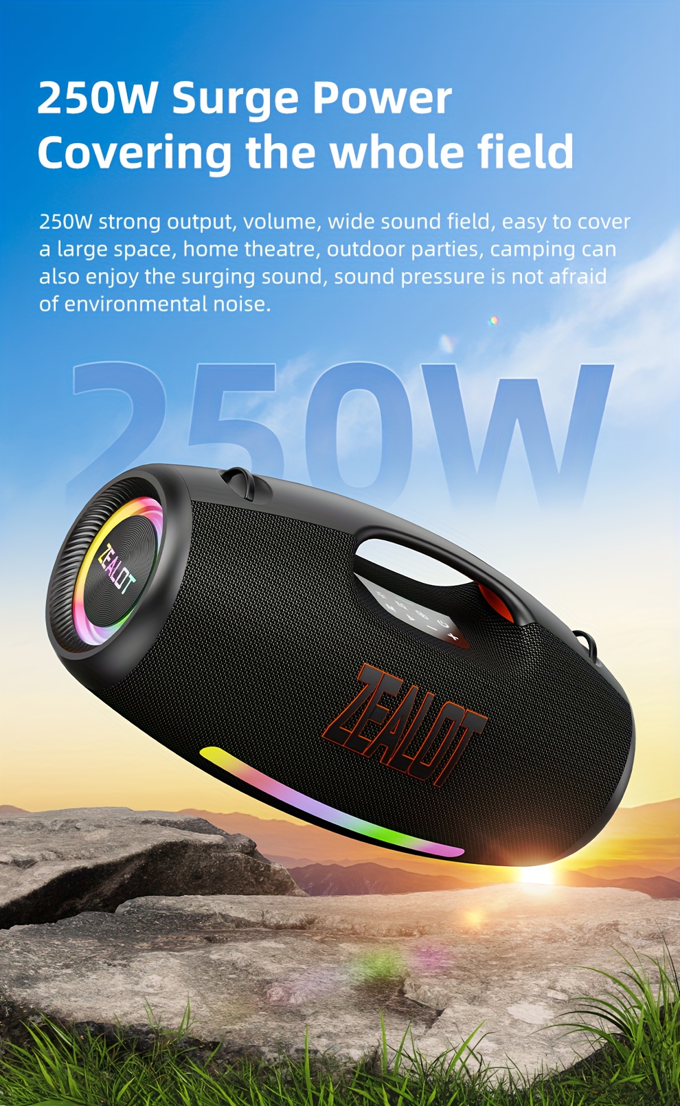  s89 250w wireless speaker outdoor portable 3d surround sound rgb color lights eq mode up to of time supports mobile phones tablets computers and tvs sd aux usb series dual pairing function suitable for Product details 3