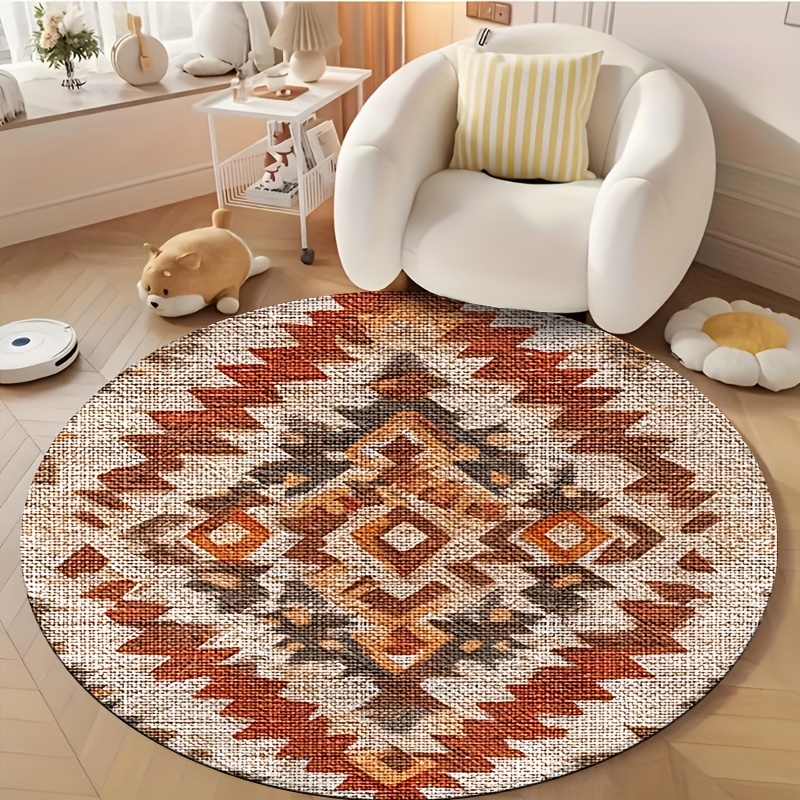 TEMU 1pc Ethnic Berber Diamond Motif Round Rug Mat, Machine Washable Floor Carpet, For Living Room Bedroom Office Bathroom Patio Entrance Home Decor,