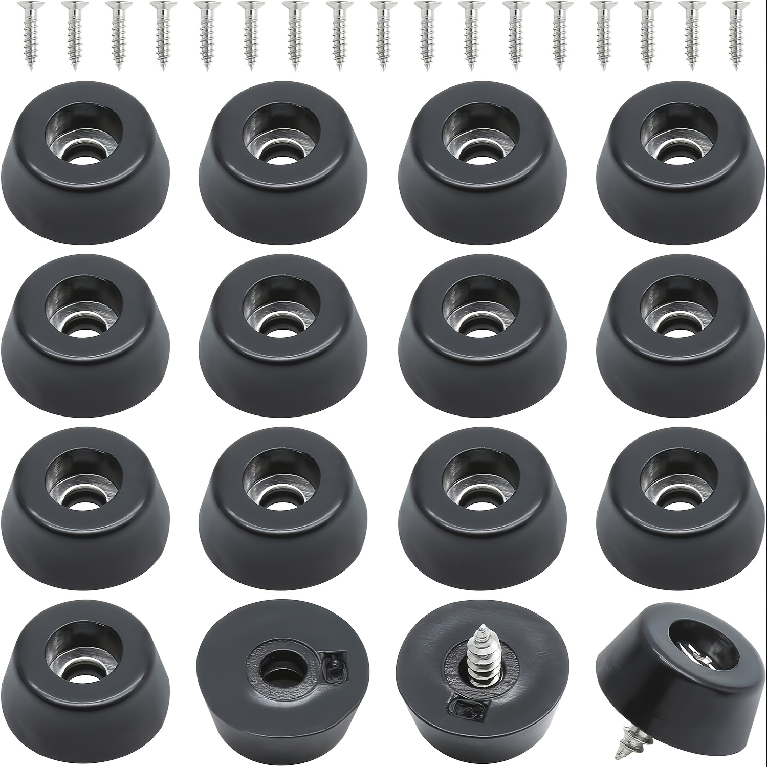Image of 16-pack Black Rubber Feet With 16 Screws - 0.7" W X 0.3" H Non-slip Shock-absorbing Bumpers | Metal Painted, Noise-dampening Floor Protectors For Cutting Boards, Furniture, Electronics & Appliances