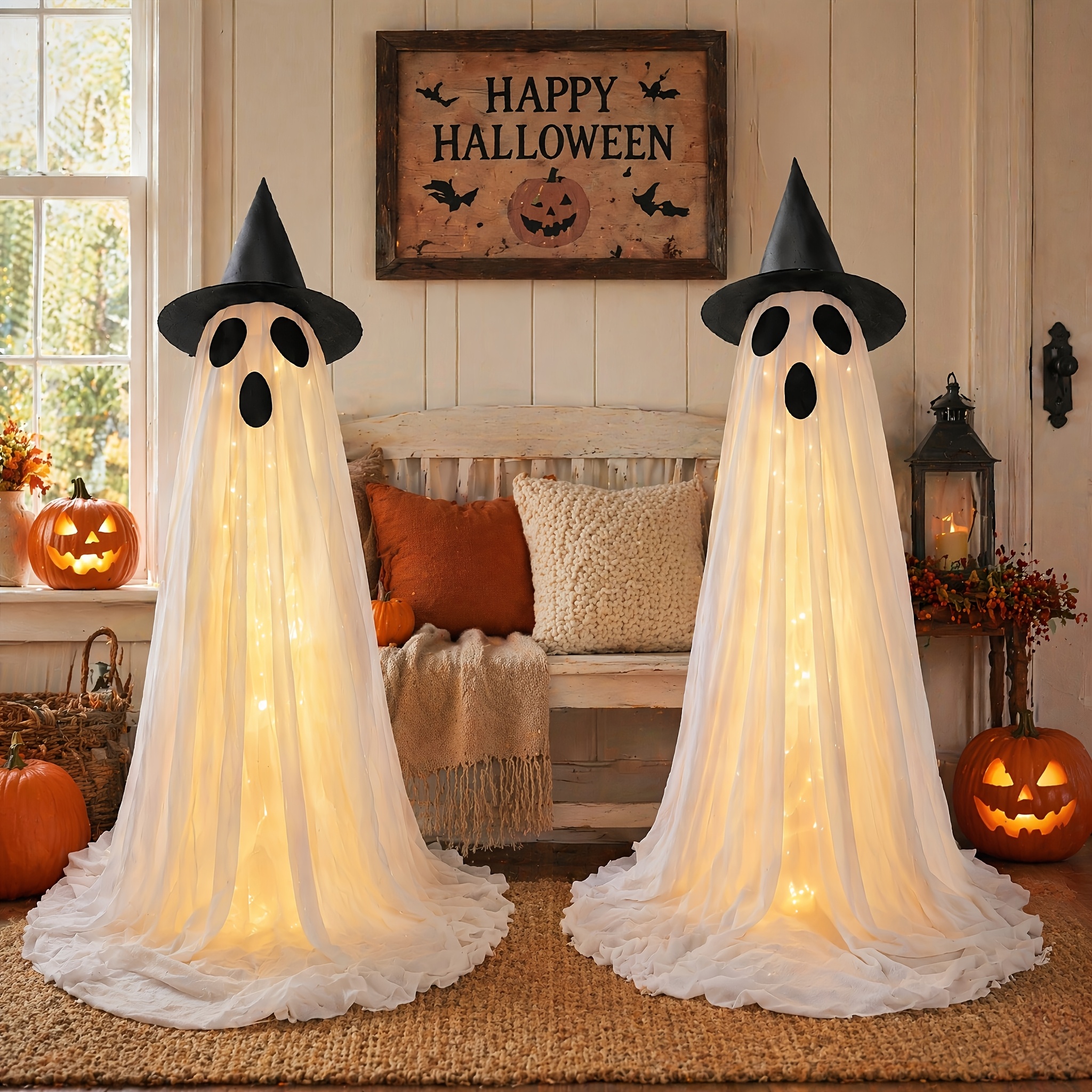 TEMU 1pc/2pcs Set Of Halloween Decorations, 62 Inch Cute Halloween Party Decorations, With Led Lights For Ghosts, Outdoor Decorations For Doorways,