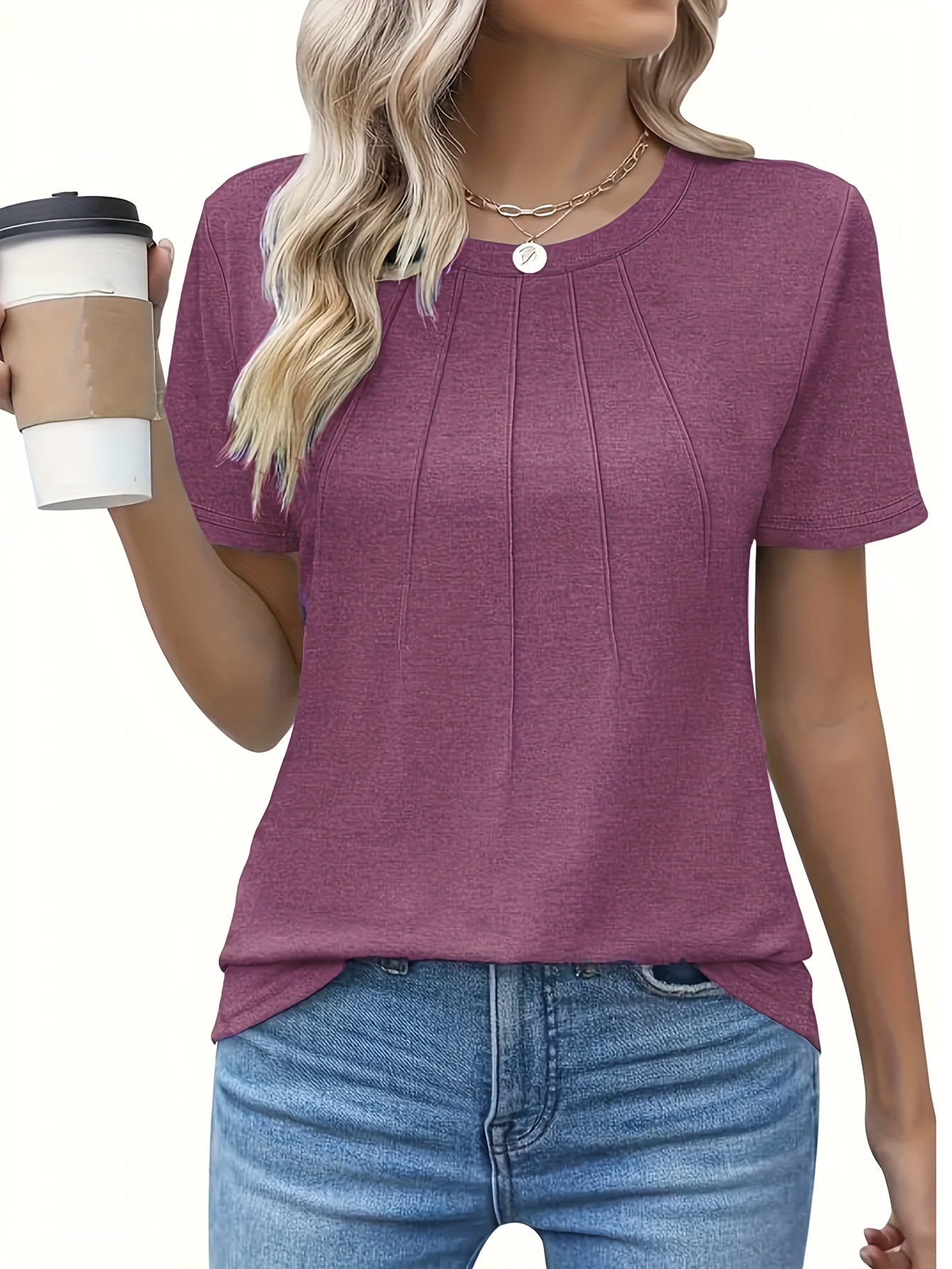 Women'S Casual Summer T-Shirt - Solid Color, Round Neck, Short Sleeve, Comfortable Loose Fit, Dark Blue, Polyester Blend, Machine Washable, Casual Summer Wear | Round Neck Tshirt | Texture
