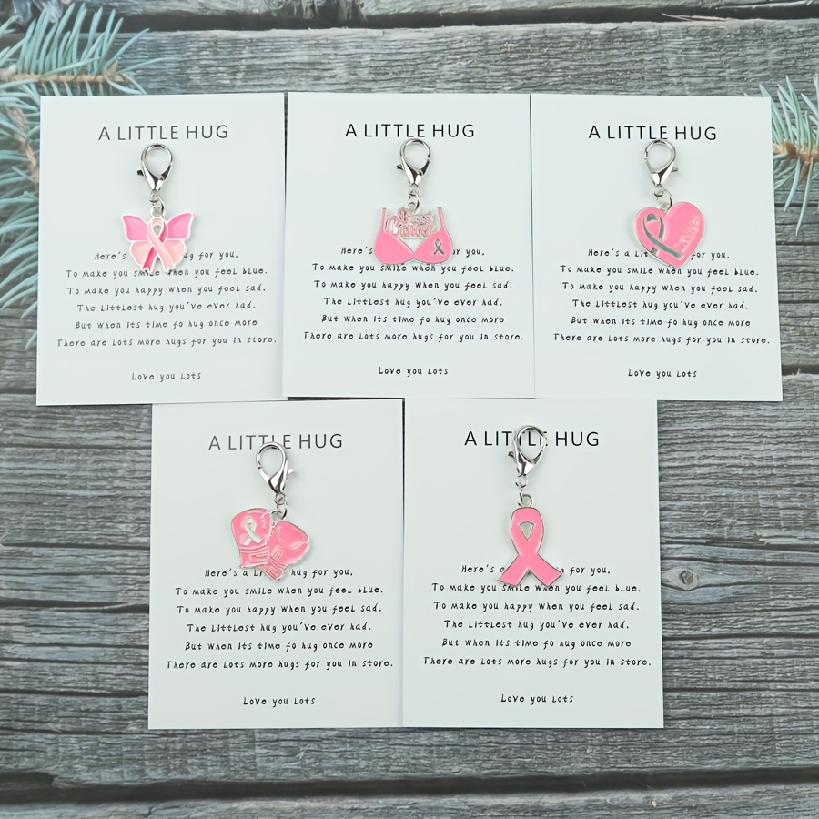 TEMU 5pcs Breast Keyrings With Inspirational Card Breast Awareness Gift Pink Ribbon Keychain For Breast Awareness Month Charity Event,
