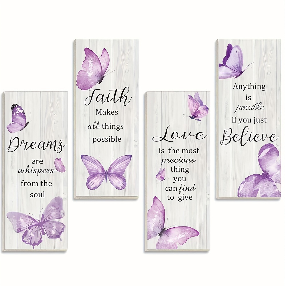 TEMU 4-piece Set: Dream Believe, Love Believe, Elegant Purple , Autumn Maple Leaf Wooden Plaques, Inspirational Wall Art, Rustic Style Bathroom