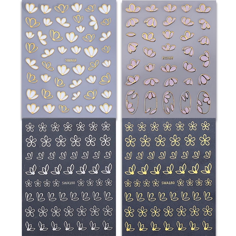 Image of 4pcs Gold- 3d Flower Nail Stickers | 5-petal Hollow Flowers And 3-petal Designs, Self-adhesive, Glossy End For Spring And Summer - Swa180