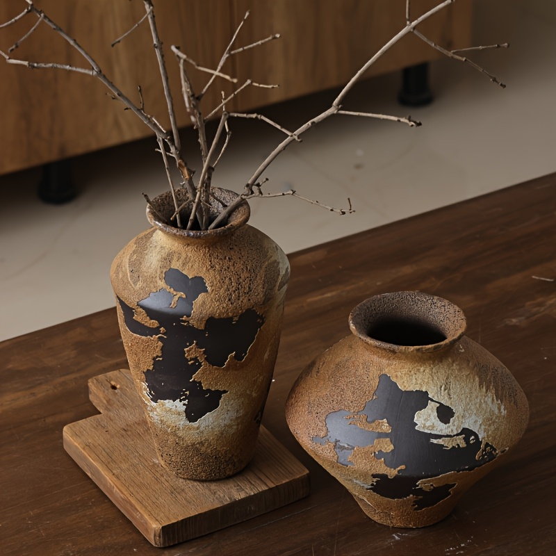 A Rustic Ceramic Vase from a Countryside Cottage - a Vintage-Style Wide-Mouth Decorative Piece, Suitable for Home, Living Room, And Dining Table Decor, Vase Home Decoration