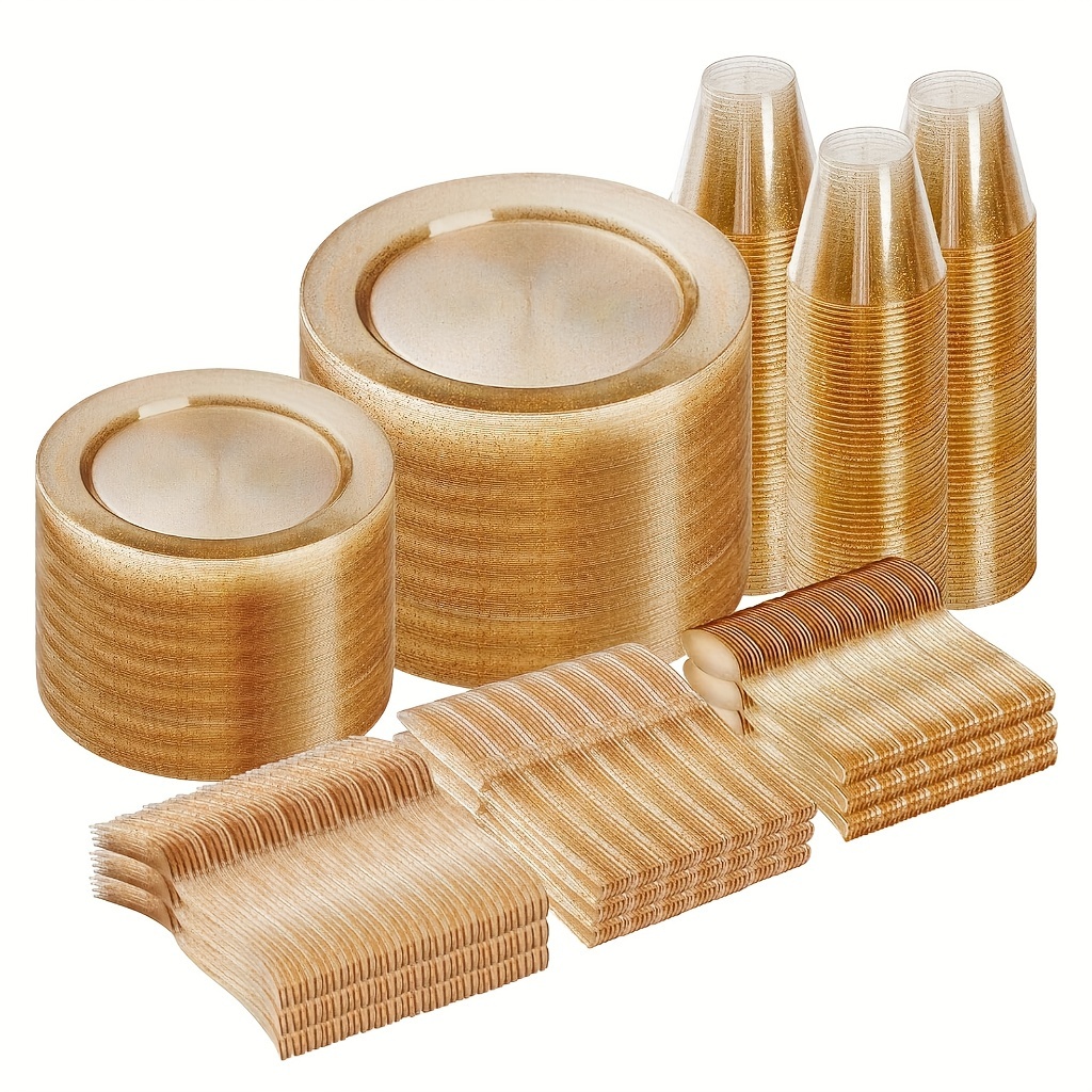 TEMU 600pcs Golden Glitter Disposable Plates For 100 Guests, Golden Glitter Plastic Plates For Party, Wedding, Dinnerware Set Of 100 Dinner Plates,