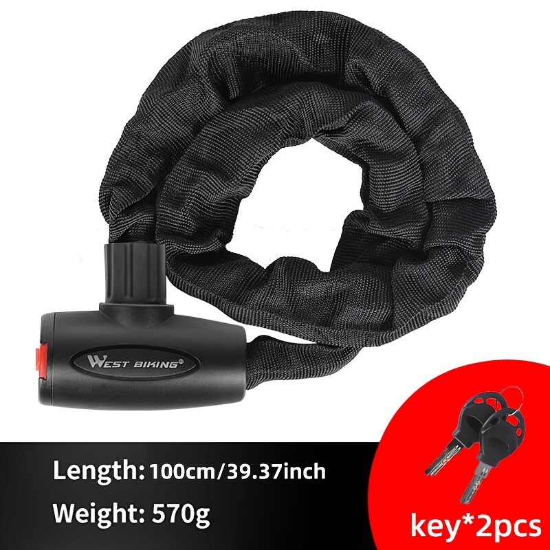 Image of West Biking 60cm/100cm/120cm Bicycle Lock Mtb Road Anti-theft Chain Lock With 2 Keys Outdoor Cycling Bicycle Additions Bike Lock