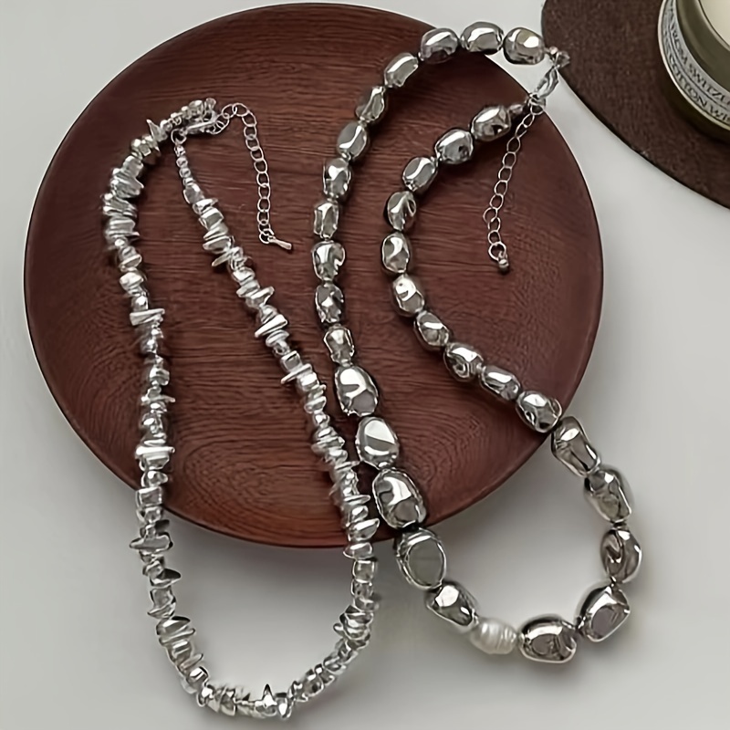 a unique punk style silvery pearl irregular bead necklace a Temu