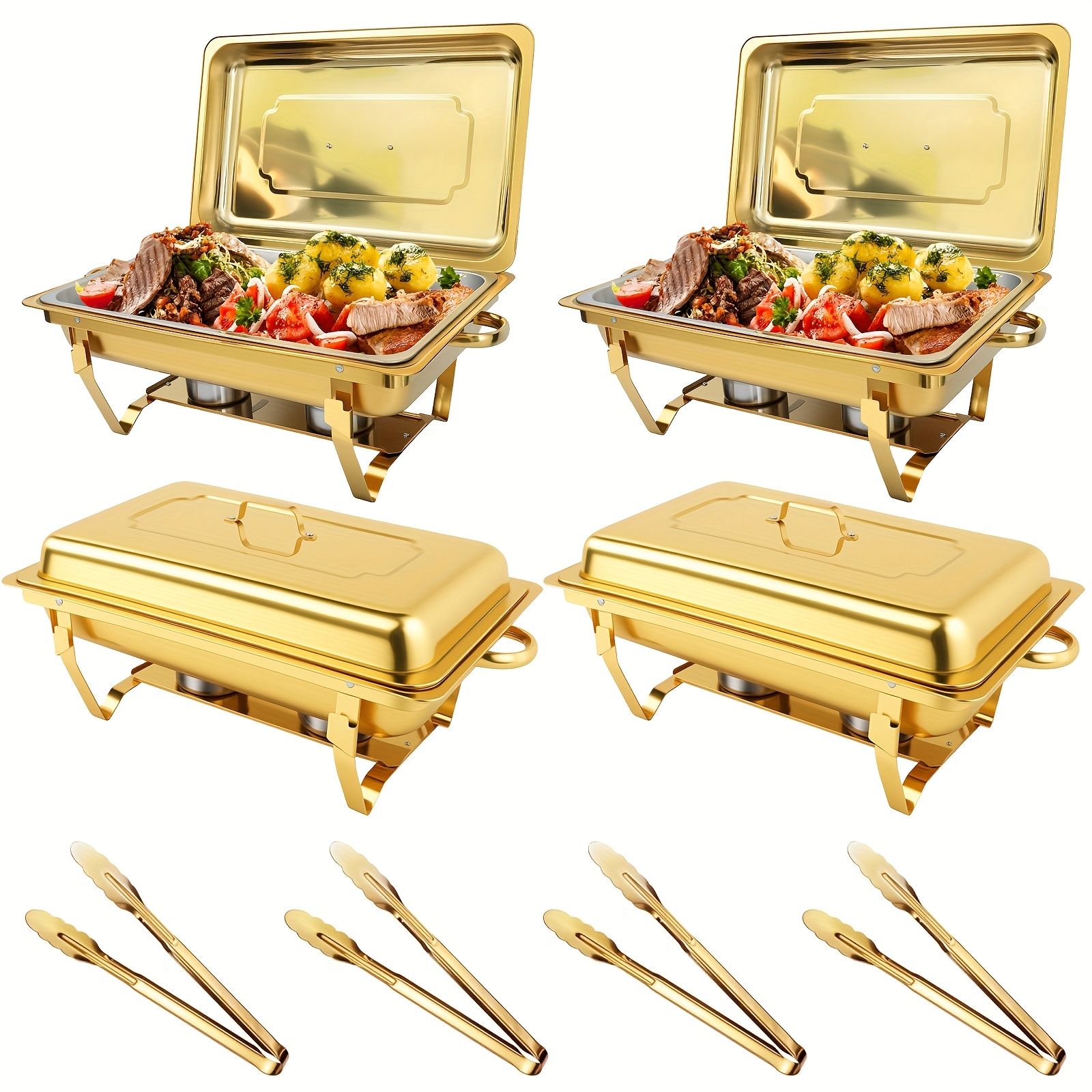 Image of 4 Pack 9 Quart Stainless Steel Chafing Dishes | Foldable Frame, Polished 201 Stainless Steel, Food Warmers For Parties, Catering, Banquets, Weddings - Cooking, Brand: Home