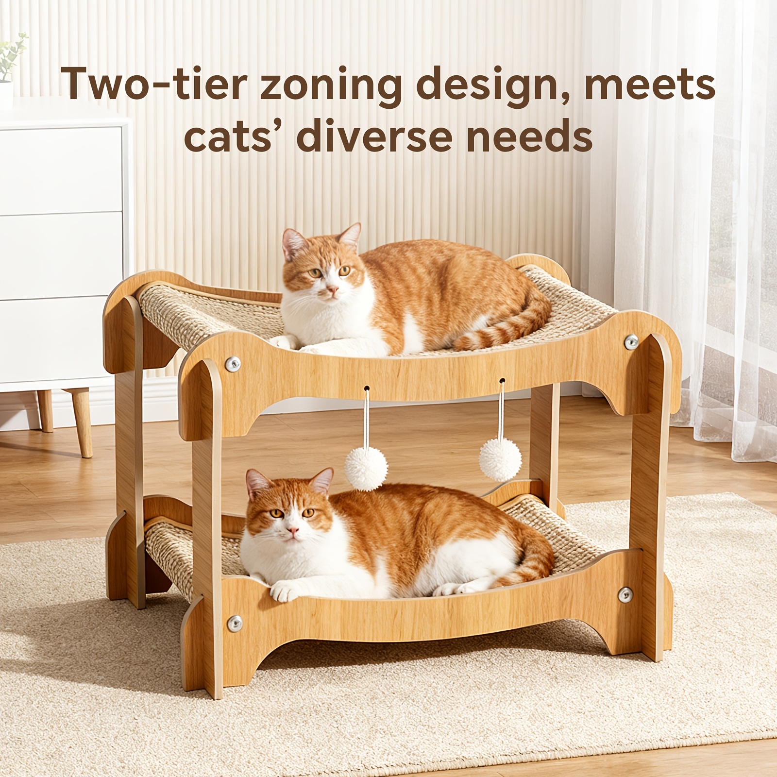 TEMU Panier pour chat à deux niveaux en sisal, lit hamac résistant aux rayures, lit surélevé robuste et durable pour chat avec cadre en bois, meubles