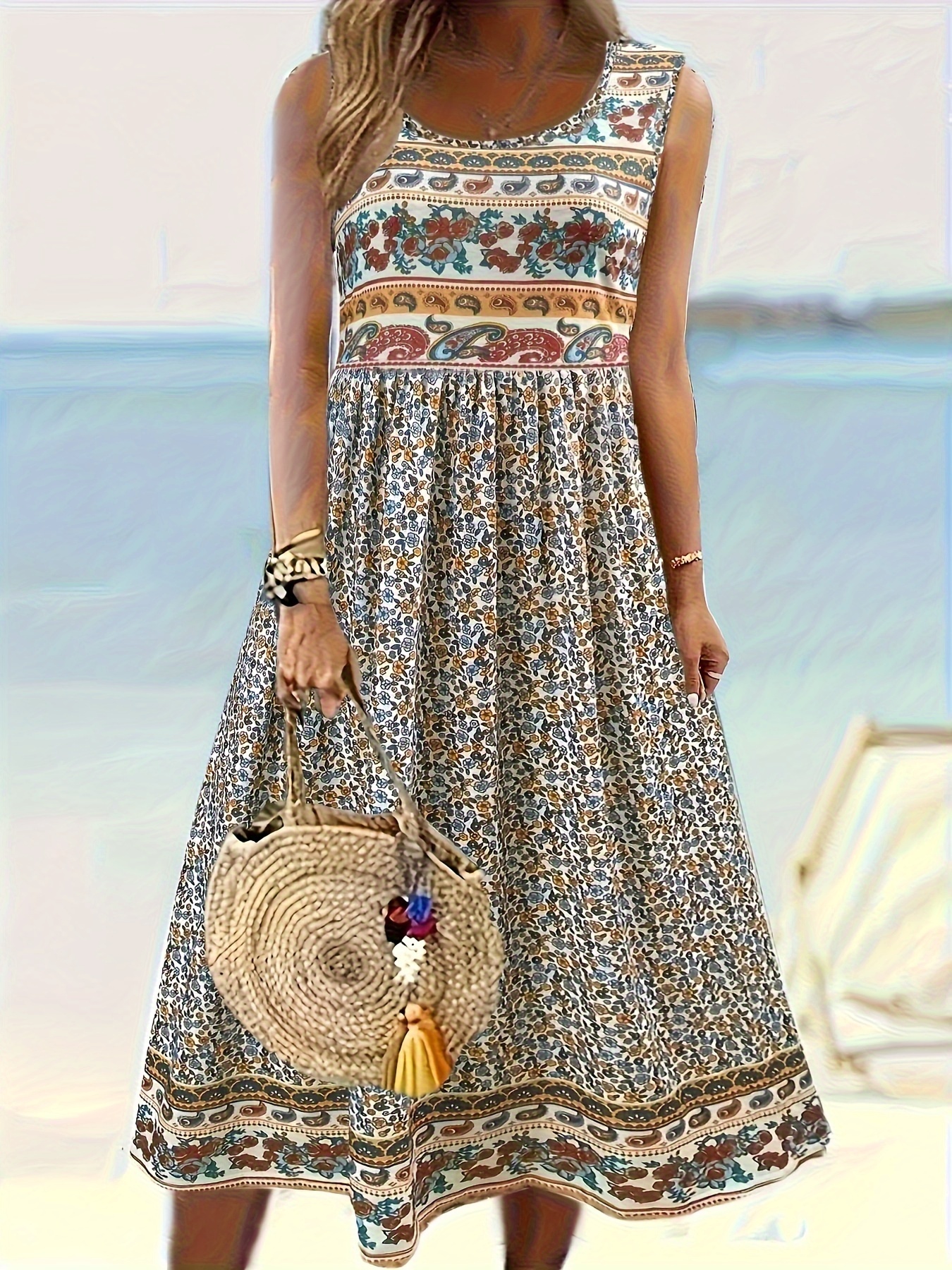 womens european and american cross border fashion floral and botanical print sleeveless round neck dress