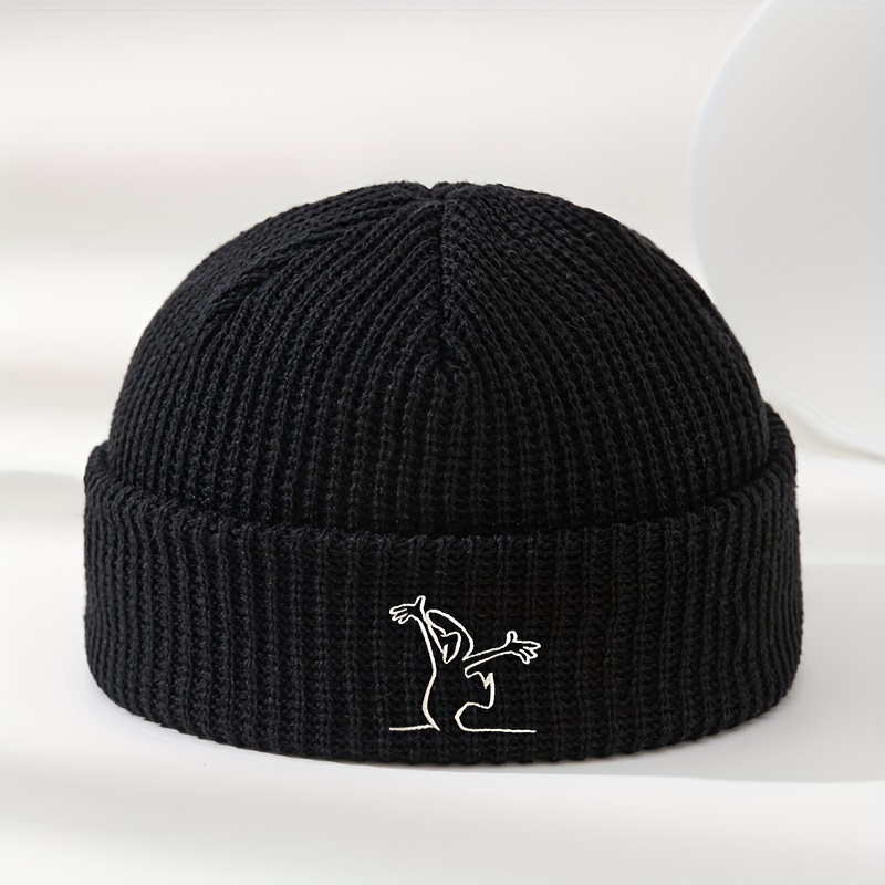 Image of Men's Outdoor Autumn/winter Funny Figure Embroidered Warm Knitted Hat, Unisex Outdoor Warm Casual Brimless Beanie, Fashionable And Versatile Ski Hat, Cycling Cap