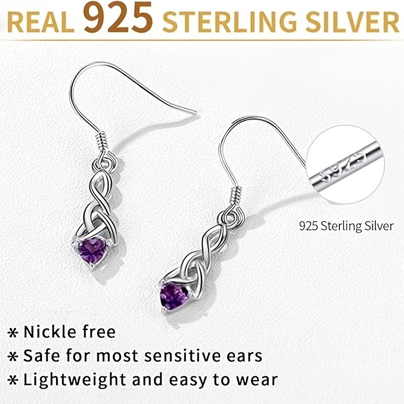 Women's S925 Silver Eternal Knot Drop Earrings with Purple Zirconia