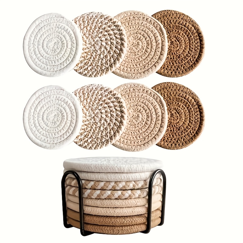 natural jute rope coasters with storage iron holder heat resistant non slip absorbent coasters circular rustic farmhouse decor for dining table kitchen coffee station multi color options