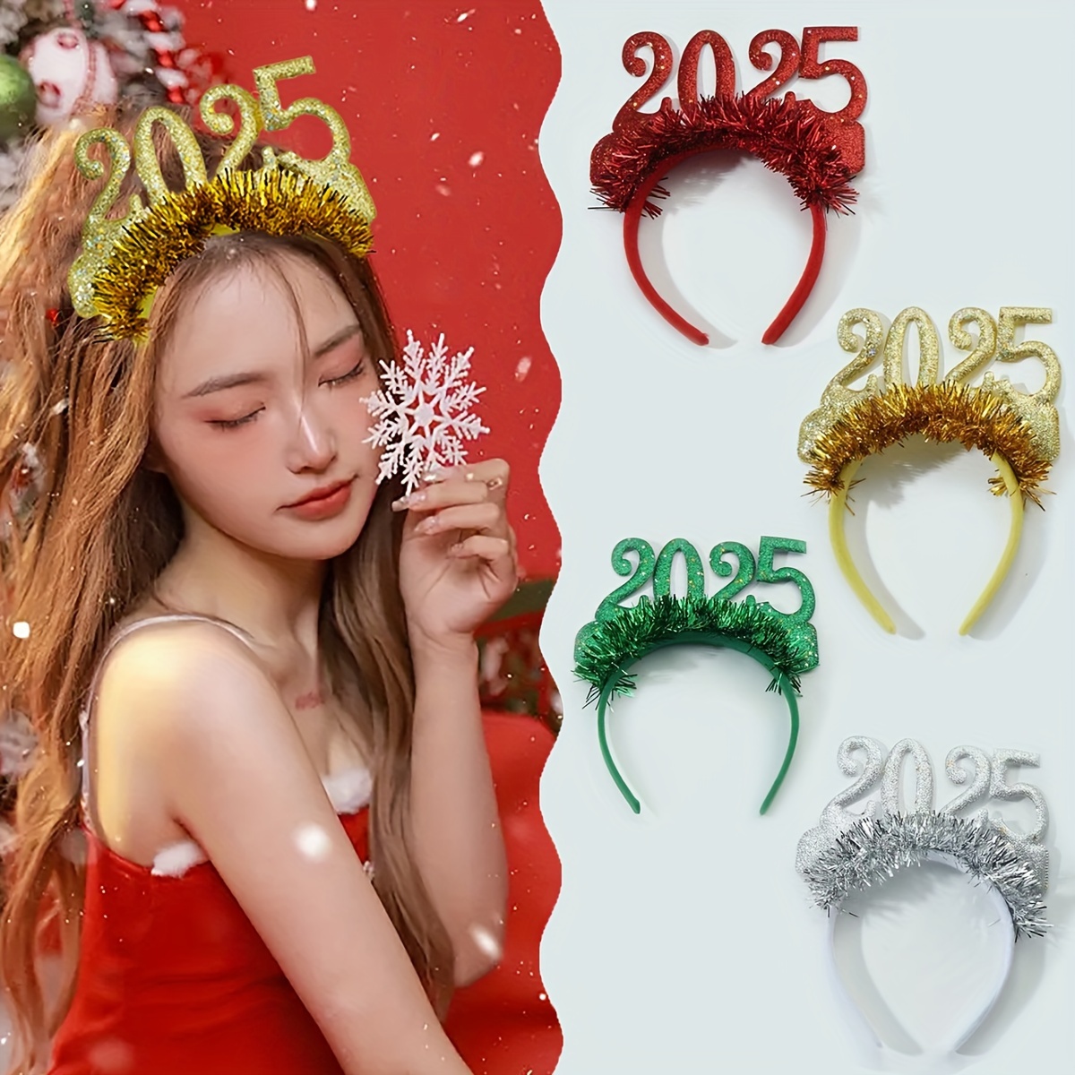 

Ensemble de 4 bandeaux de tête de Nouvel An 2025 Élégant - Décorations de chapeau de fête de Noël en résine, accessoires de coiffure assortis pour les célébrations des fêtes