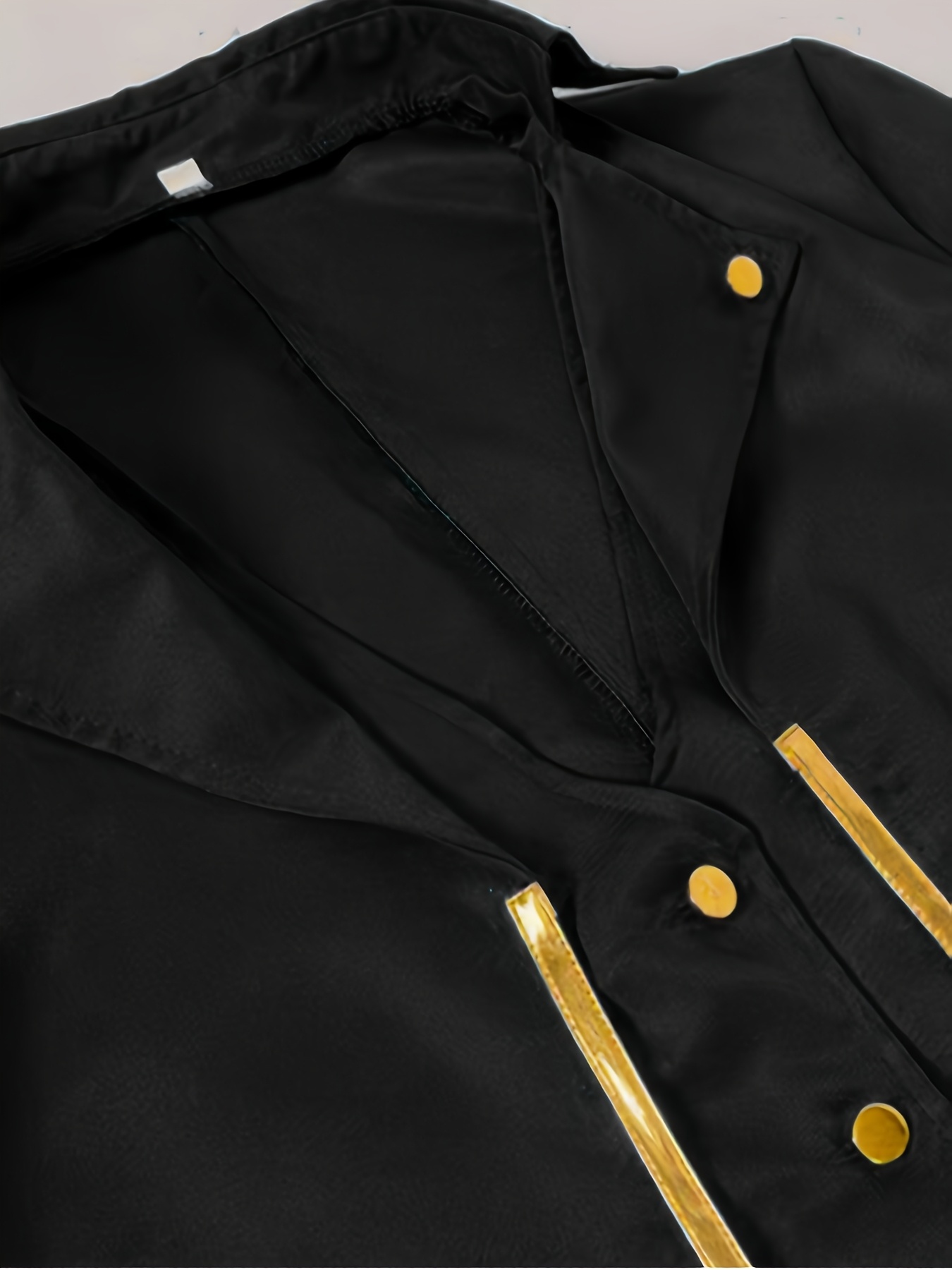 Vintage-Inspired Mid-Length Tuxedo Coat with Golden Trim - Black Retro Punk Style for Halloween, Stage Performances & Themed Events, Stage Performance Attire | Ornate Golden Detailing | Polyester Fiber Coat