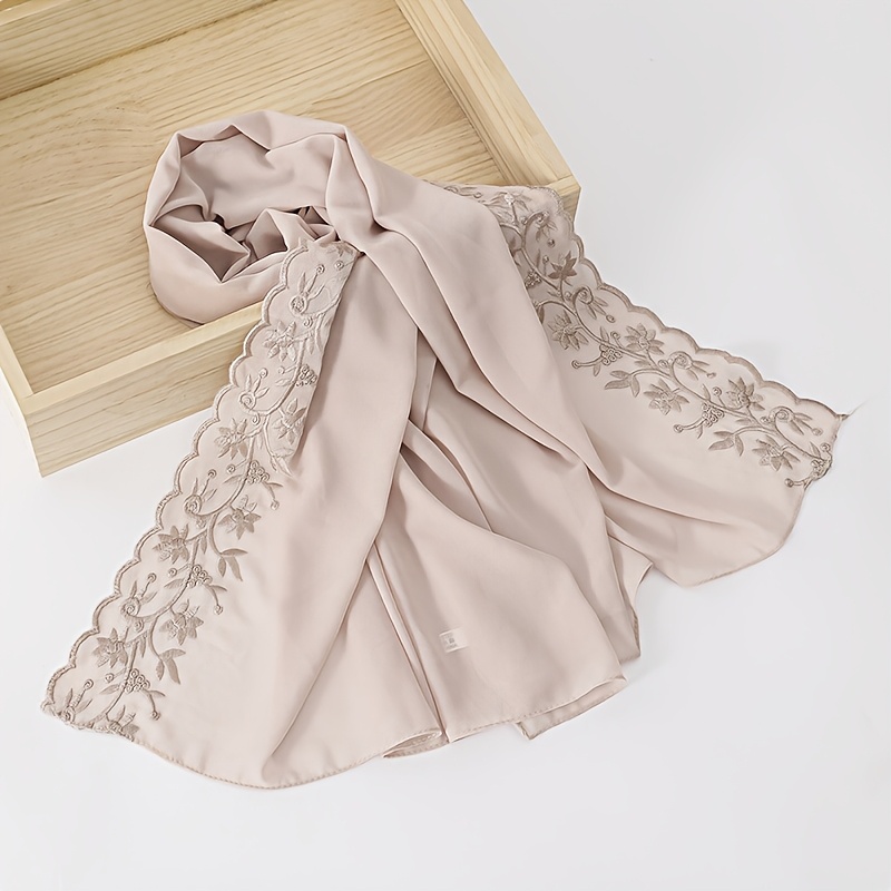 TEMU 1pc Women' Color Pearl Chiffon Leaf Embroidery Lace Scarf Malaysian Indonesian Headscarf Fashionable Elegant Shawl Hijab