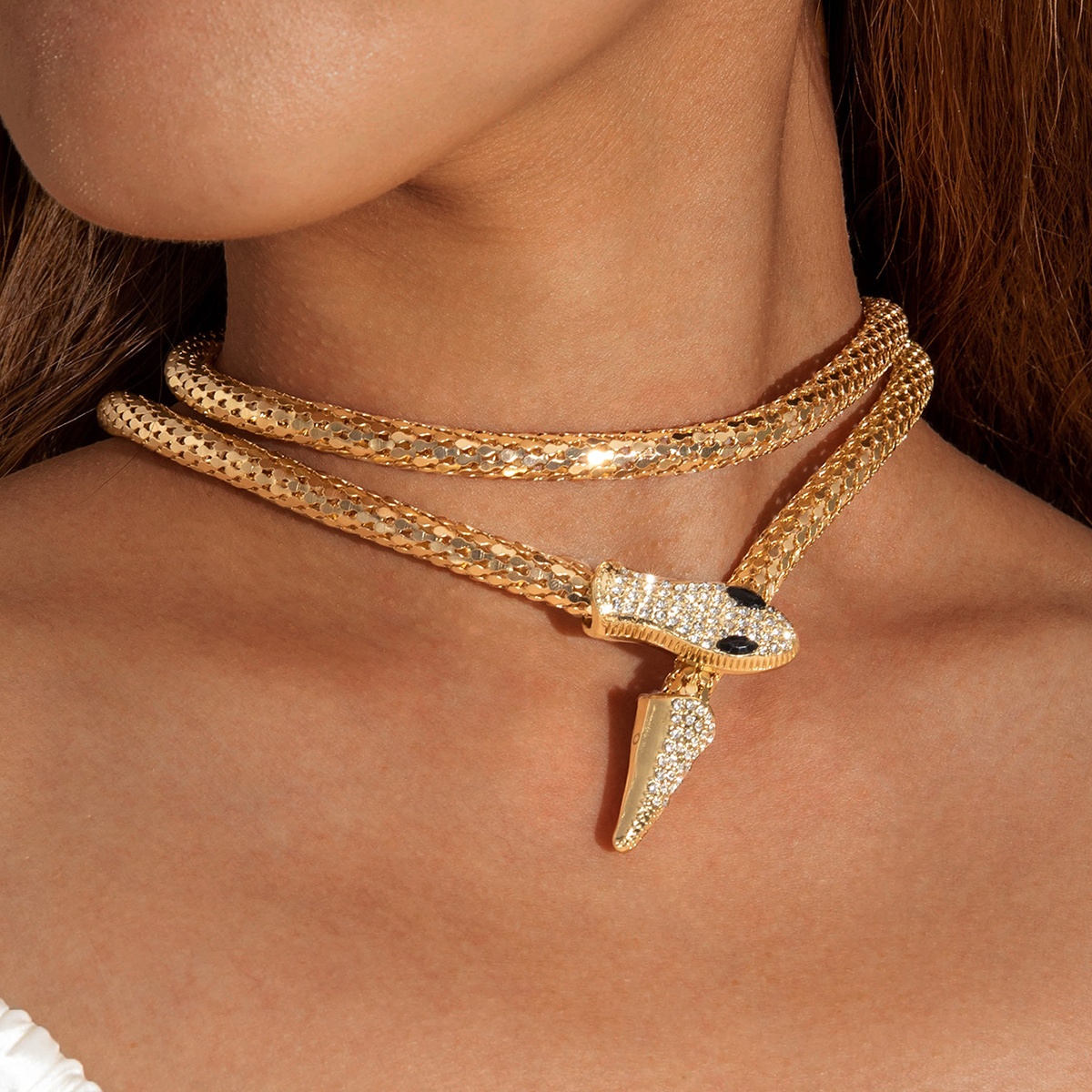 Image of 1pc Individual Fashion Snake Head Inlaid Rhinestone Necklace Adjustable Snake Chain Suitable For Parties And Banquets Ideal Holiday Gift For Women's All-match Jewelry