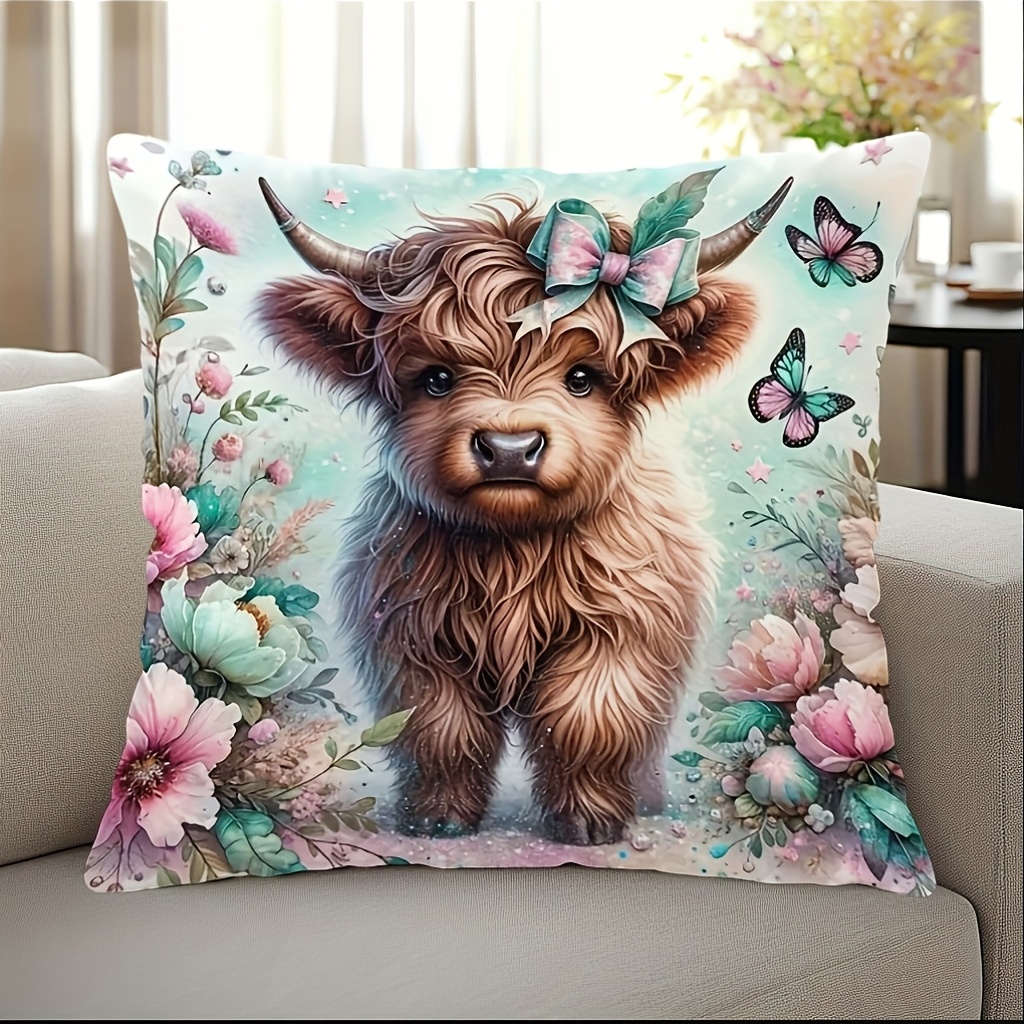 TEMU 1pc Highland Cow With Butterflies & Flowers Pillow Cover 18x18 Inch - Polyester Machine-washable Decorative Pillow Case, Single-sided Print For