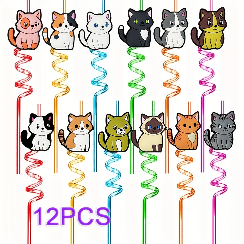 Image of Reusable Drinking Spiral Straws Cat Set Of 12/24pcs Pet Material , Random Color Matching, Suitable For Juice Drinking, Ideal For Family Gatherings, Birthday Parties, Cat-themed Parties, For Pet Lovers