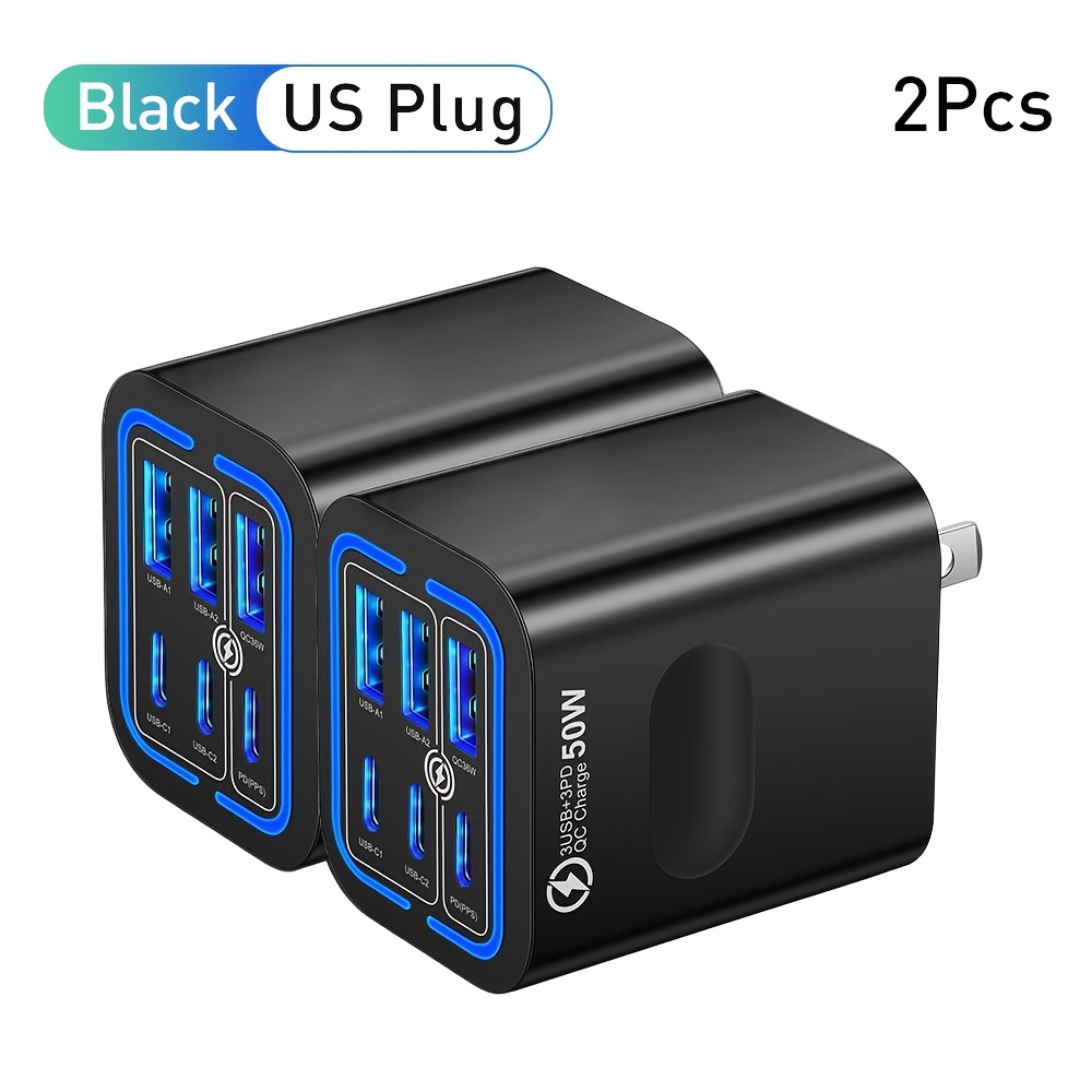 TEMU 2-pack Total 50w 6 Ports Mobile Phone Fast Charging Adapter For Iphone For , 3pd And 3usb Charger Adapter, Us Plug Travel Charger Wall Charger