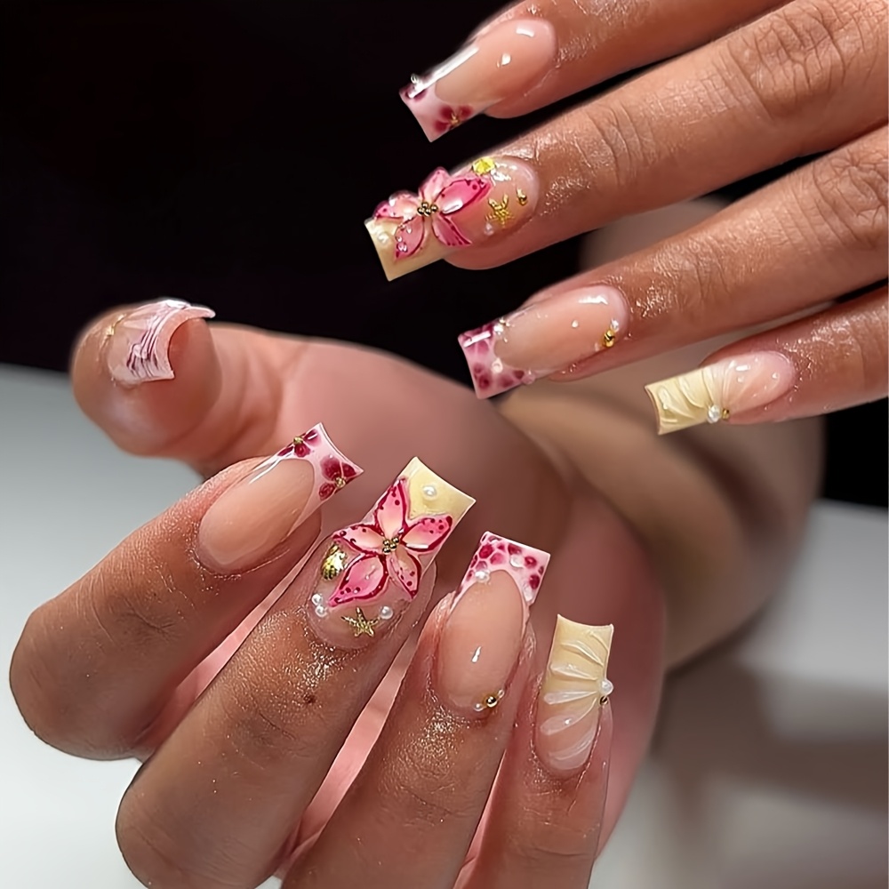Image of 24pcs Rectangular 3d Stereoscopic Mermaid Gel Nail Stickers, Nail Art, French Acrylic Press-on Nail Stickers, Long-lasting False Nail Set, , Suitable For Summer Nail Art And French Nails