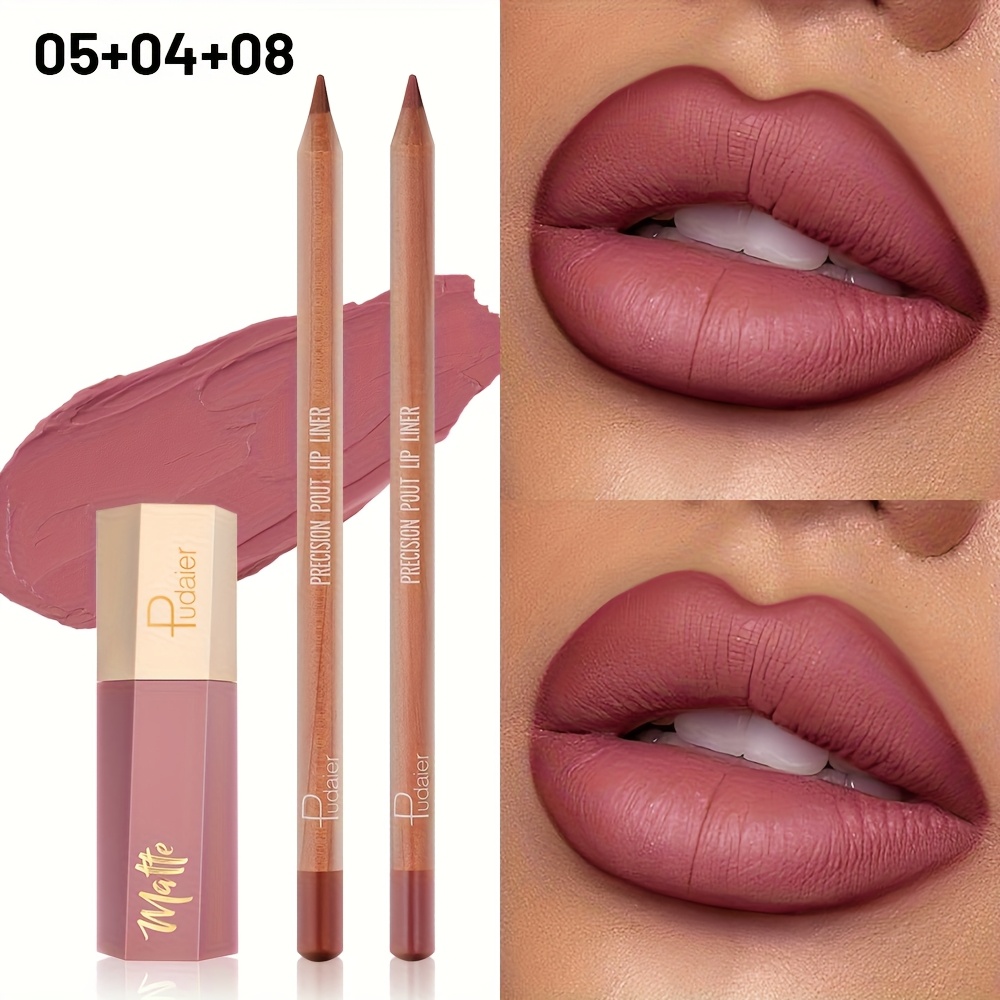 Lip Combo Lip Liner And Lip Gloss 3pcs Set - Matte Texture, Defines The Lips, Enhances Lip , Waterproof Formula, Suitable For Daily Use.