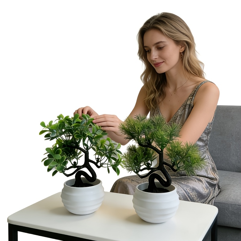 2 Bonsáis Artificiales en Macetas de Plástico Blanco - Decoración Perfecta para Hogar/Oficina/Jardín/Estante, Ideal para Todas las Ocasiones, No Requiere Electricidad