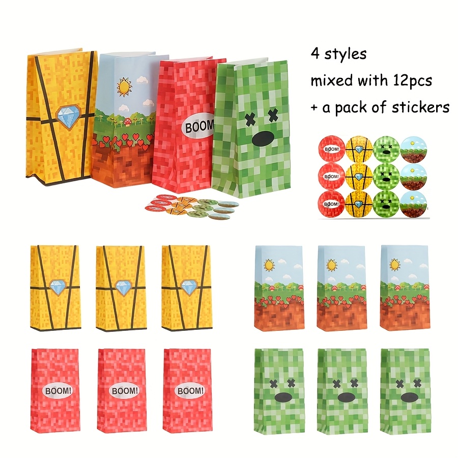 E-shop 12er-Set Kreativ-Lebensmittelbeutel mit Pixel-Gittermuster, 4 Arten von Pixel-Stil Lebensmitteltaschen inklusive passenden Aufklebern - Diamant,