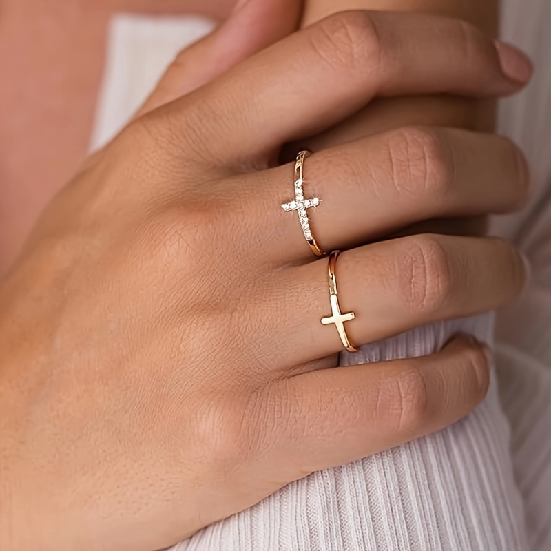 minimalist style cuff ring 24k gold plated trendy cross design paved rhinestone match daily outfits party accessory adjustable jewelry details 2