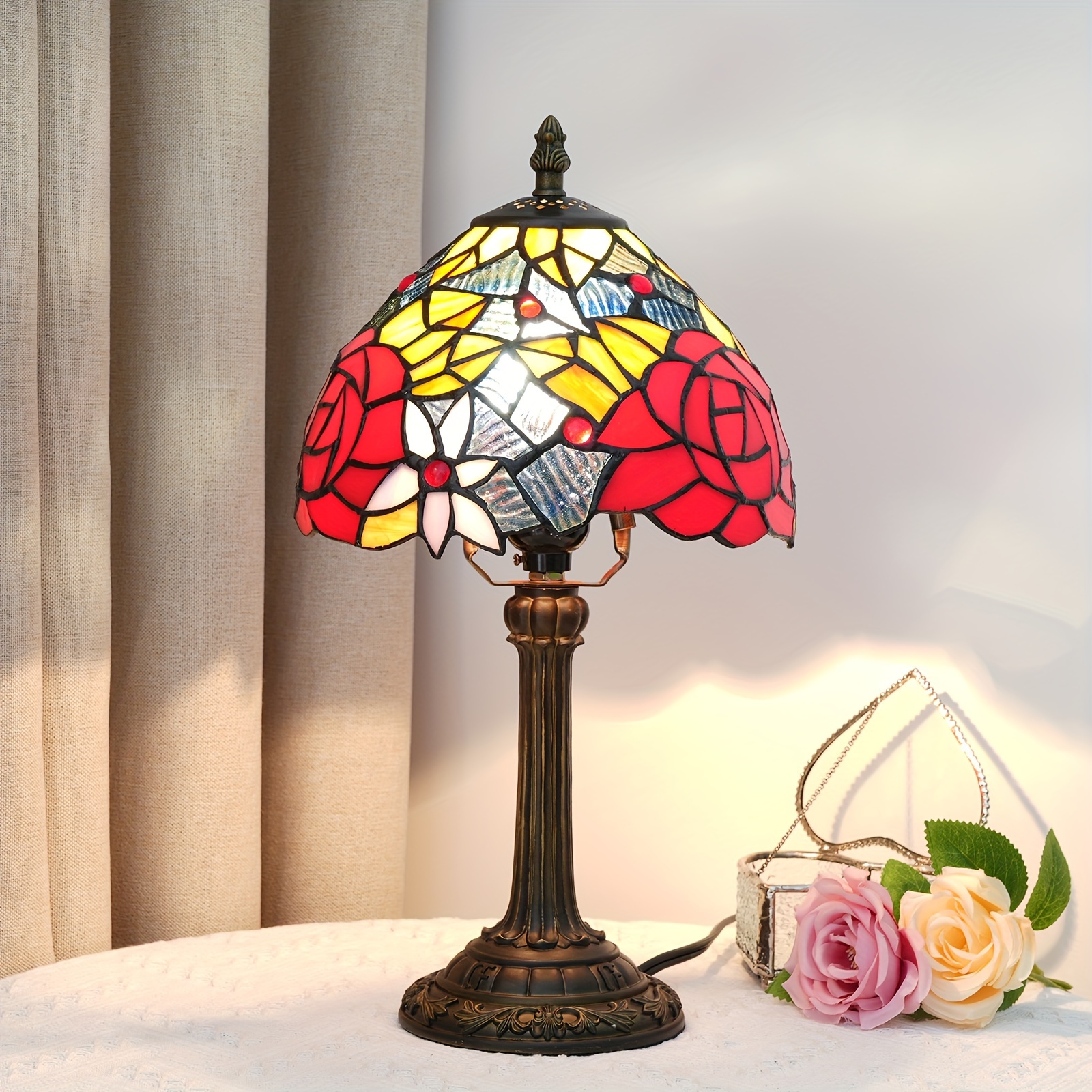 1pc 8-Inch Stained Glass Table Lamp with Design Vintage European  Style Bedside Desk Lamp for Living Room, Bedroom, or Home Decor Creative 