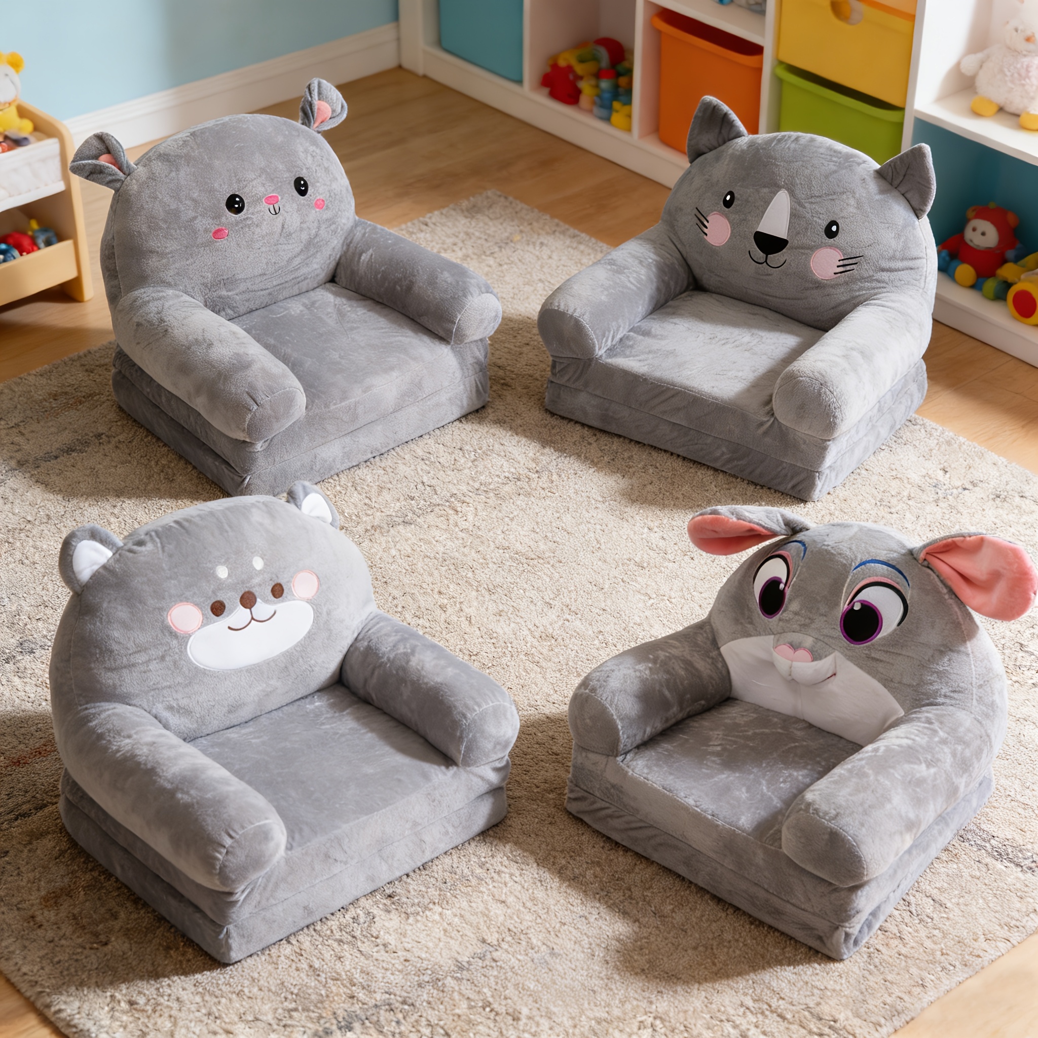 Cozy Kid Folding Sofa, Plush, Washable Lounge Chair for Playroom & Nursery, Gray Dog Style Foldable Wide Handle Soft Breathable Toddler Chair for Reading Relaxing Sleeping(2 Layers)